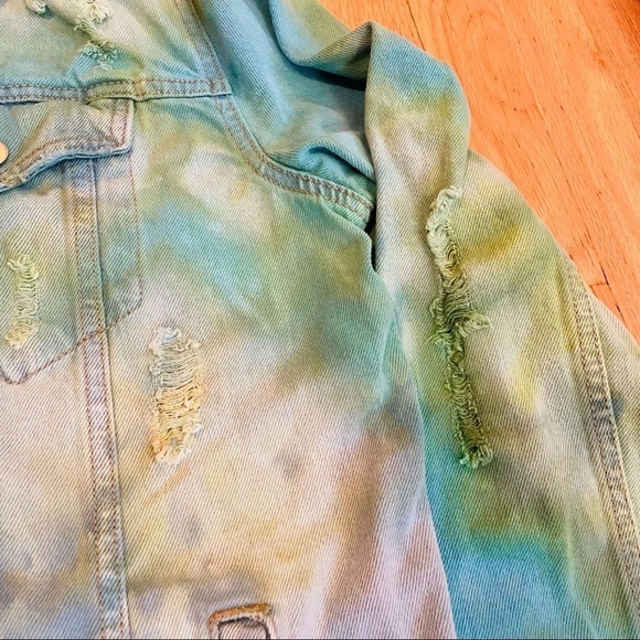 Festival tie dyed jean jacket M distressed ripped blue green ocean water - Picture 7 of 15